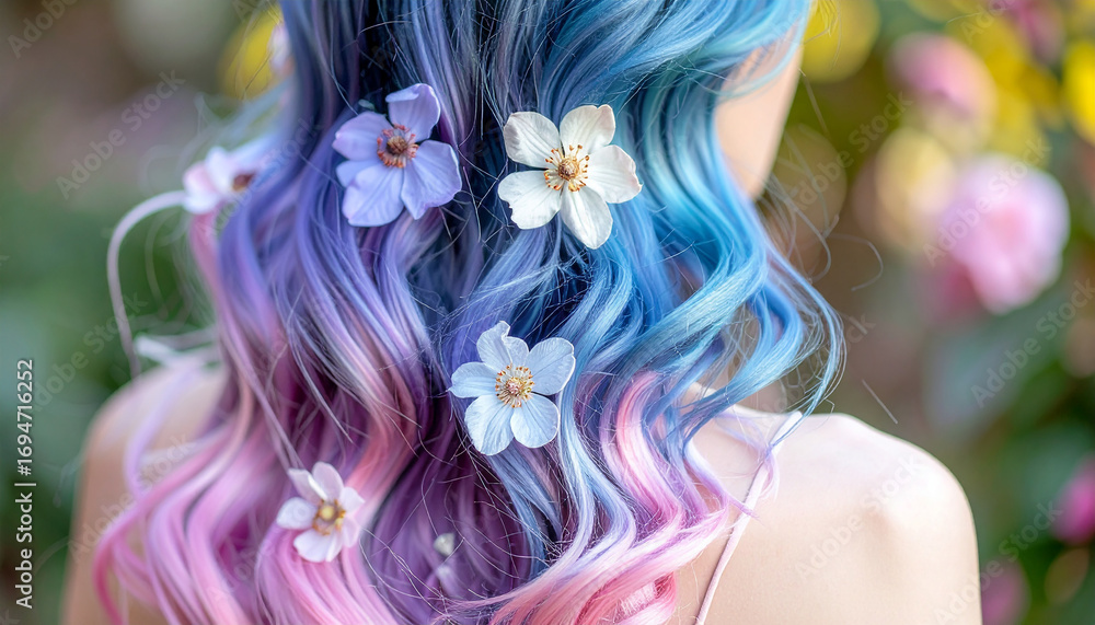 Naklejka premium Vibrant hairstyle with blue, purple and pink hues, adorned with small blossoms. Beautiful flower