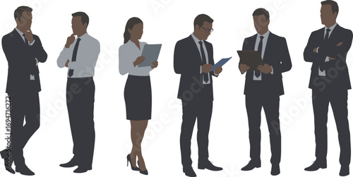 Business people standing and reading documents, office teamwork discussion concept, professional corporate group communication, colleagues in formal suits vector illustration