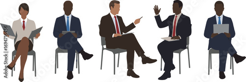 Business people sitting on chairs in meeting discussion, professional teamwork communication concept, corporate brainstorming, office conference vector illustration