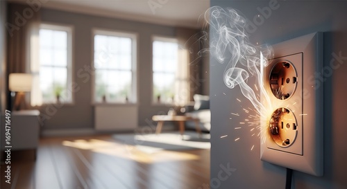 Electrical outlet sparking in a modern living room, posing a fire hazard due to faulty wiring and potential damage to the homes electrical system