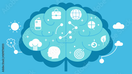 Brain and Environment Interaction A brain outline filled with imagery of various environmental factors noise social interactions sleep patterns influencing cognitive functions at a
