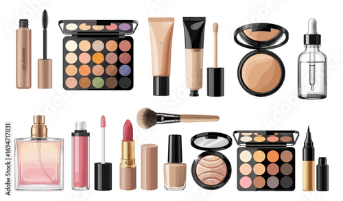 Realistic high-detail vector illustration of complete makeup set with lipstick, powder, mascara, brushes, eyeshadow, concealer, nail polish, perfume, eyeliner, isolated on transparent background.