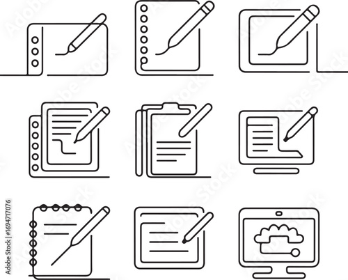 collection, of, digital, writing, and, note-taking, icons, in, a, continuous, line, art, style, for, web, graphic, design, vector
