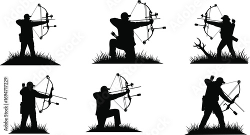 Compound Bow Archer Silhouettes in Outdoor Grass Scenes with Hunting and Victory Poses on White Background for Design Content