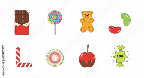 Colorful Assortment of Candy and Sweets Illustrations on White Background for Confectionery Designs and Sweet Treat Themed Projects