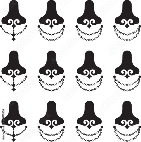 collection, of, ornate, nose, piercing, jewelry, with, delicate, nostril, chains, in, an, indian, and, arabic, bridal, style, vector