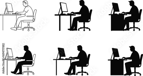 Computer Workstation Silhouettes in Seated Poses with Headphones and Desks on White Background for Tech, Education, and Design Content