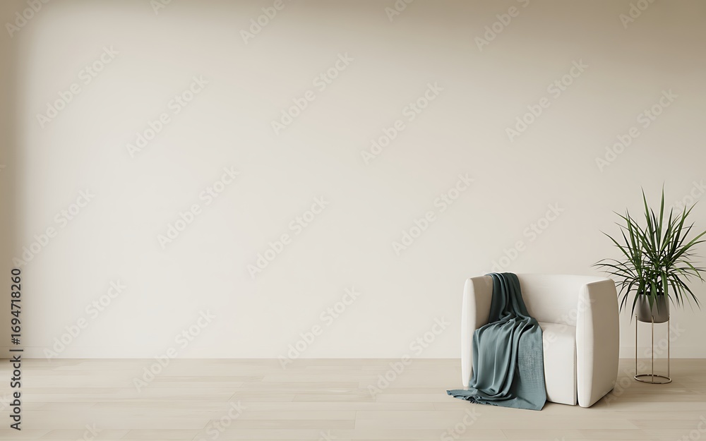 Fototapeta premium Minimalist interior with armchair and plant blanket stand