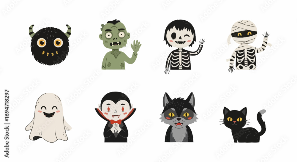 Fototapeta premium Cute Halloween Cartoon Characters Illustration Set for Festive Decorations and Party Invitations, suitable for children's books, posters, and holiday themed designs