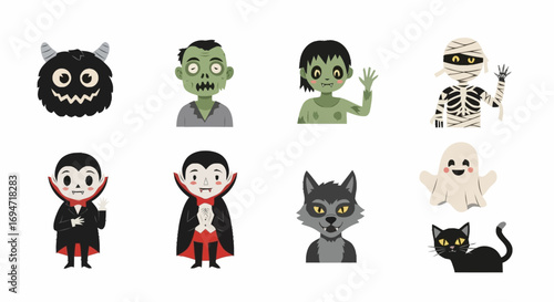 Halloween Cartoon Character Collection Featuring Monster, Zombie, Mummy, Vampire, Werewolf, Ghost, and Black Cat for Holiday-Themed Illustrations and Designs