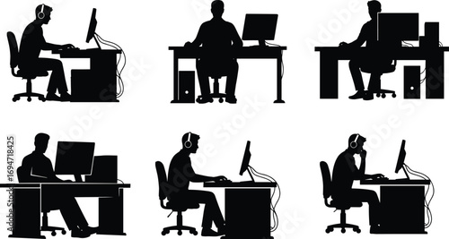 Computer Workstation Silhouettes in Six Seated Poses Featuring Desktop Interaction for Tech, Office, and Design-Themed Content