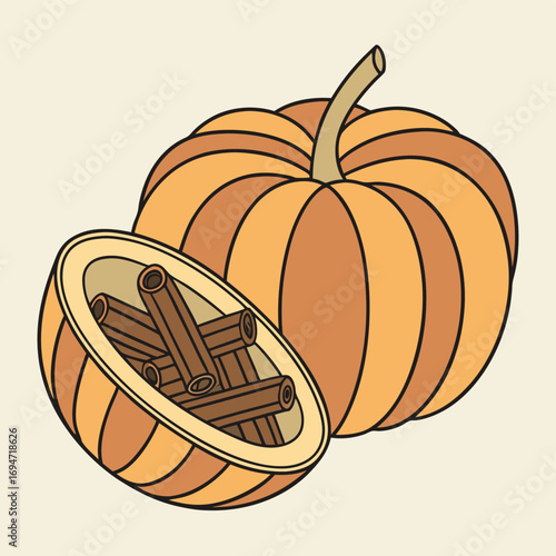 Vector art of a whole pumpkin and a halved pumpkin filled with cinnamon sticks on a light beige background, autumn harvest illustration
