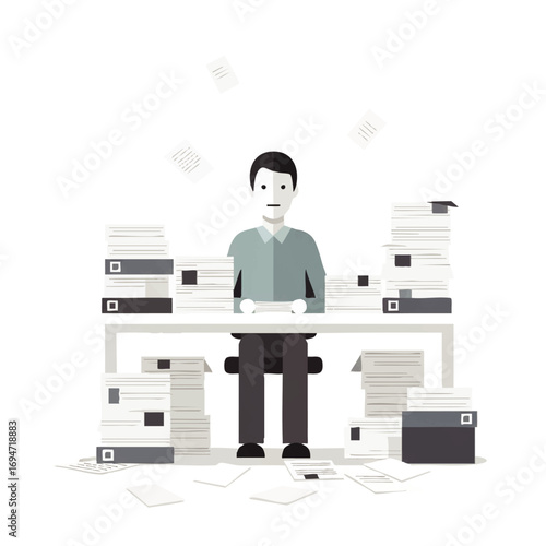 Overwhelmed businessman sitting at desk buried in paperwork, facing work stress and pressure