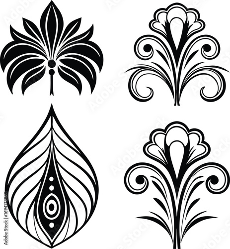 set, of, elegant, art, nouveau, and, art, deco, floral, elements, featuring, stylized, palmette, peacock, feather, motifs, vector