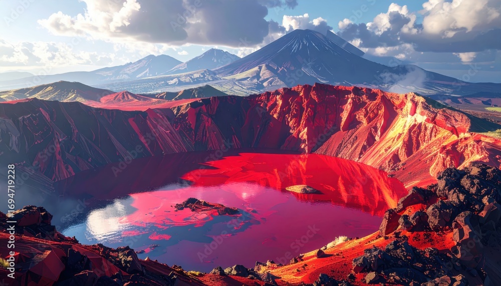 Fototapeta premium A breathtaking vista of a vibrant, red crater lake nestled within a dramatic volcanic landscape, showcasing a striking interplay of vibrant colors and rugged terrain.