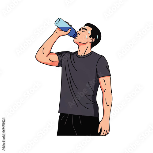 Athlete rehydrating with water bottle after intense workout, feeling refreshed and energized
