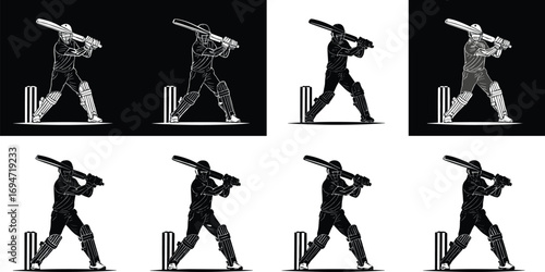Cricket Batsman Illustrations in Eight Artistic Styles with Stumps and Raised Bat on White and Black Backgrounds for Design Content