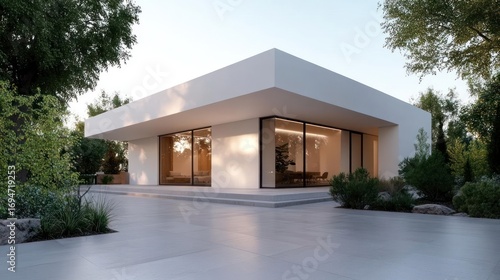 Modern minimalist house design with large windows and lush greenery enhancing the sleek architecture