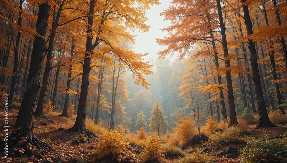 Obraz premium Vibrant autumn forest scene with golden sunlight illuminating the trees and foliage perfectly