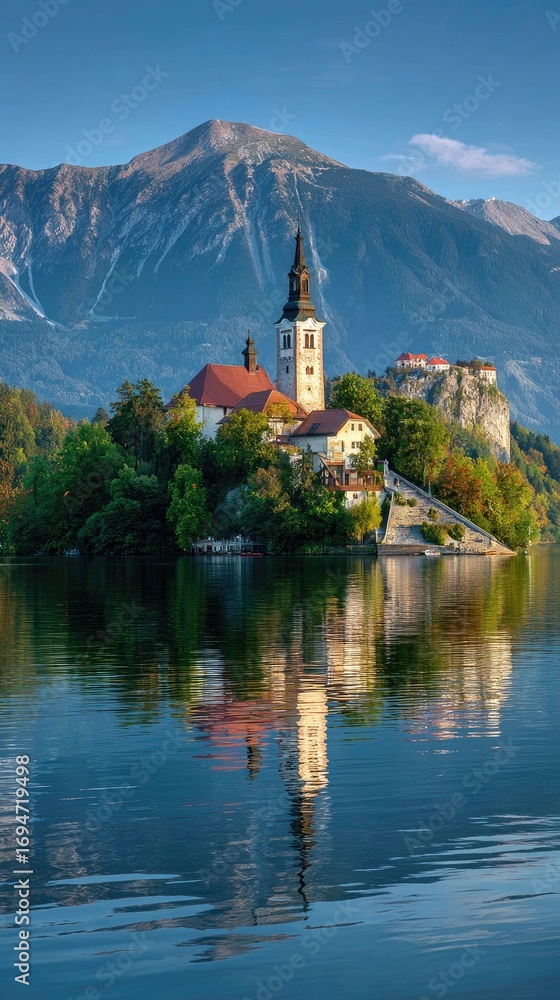 Fototapeta premium Serene island church reflected in still lake