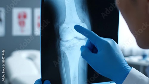 Doctor examines knee xray with gloves in hospital. Suitable for medical articles, healthcare websites, orthopedic blogs, and educational materials.