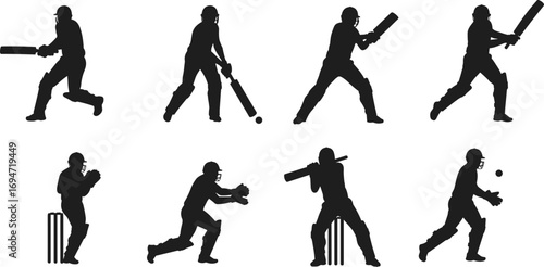 Cricket Player Silhouettes in Varied Batting, Fielding, and Bowling Poses on White Background for Sports and Design Content