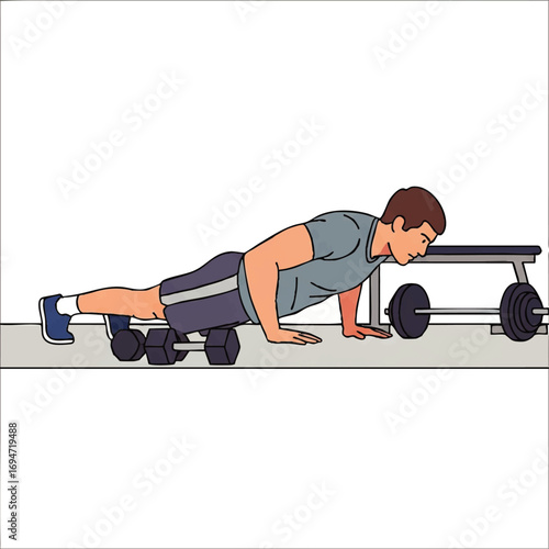 Dynamic man performing challenging weighted push-ups with dumbbells for ultimate strength training
