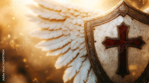 Shield of Faith with angel wings in golden divine light.