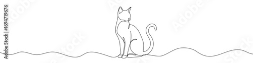 Cat sitting in one line art style. Cat drawing with editable black stroke on white background. Vector illustration.