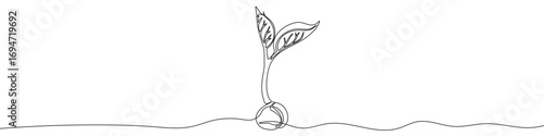 Sprouting plant in one line art style. Sprout drawing with editable black stroke on white background. Vector illustration.