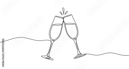 Two clinking champagne glasses in one line art style. Drawing with editable black stroke on white background. Vector illustration.