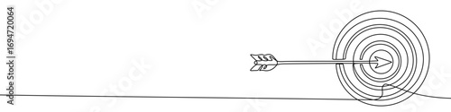 Arrow hitting target in one line art style. Drawing of arrow and target with editable black stroke on white background. Vector illustration.