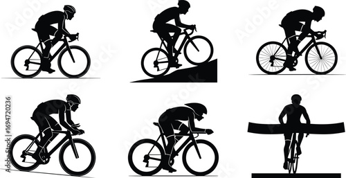 Cyclist Silhouettes in Six Racing, Climbing, and Victory Poses with Stylized Wheels for Sports, Fitness, and Design Content