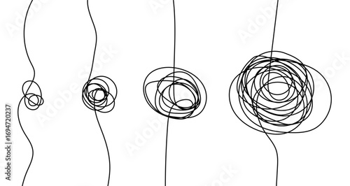 Growing doodles in one line art style. Drawing of tangled lines increasing in complexity with editable black stroke on white background. Vector illustration