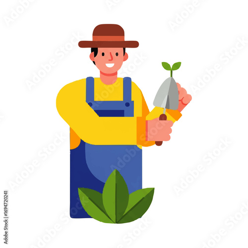 Smiling farmer with trowel and sprout, symbolizing growth, nature, and sustainable living