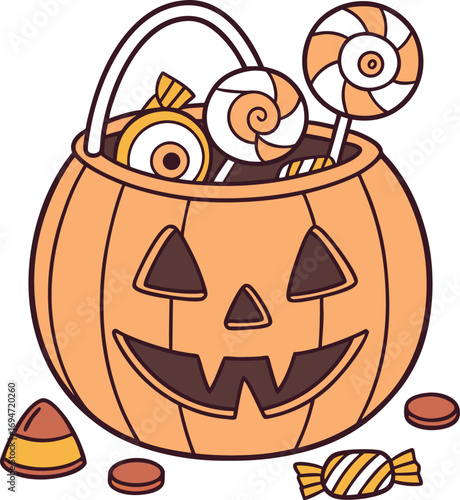 Vector art of a cute cartoon pumpkin bucket overflowing with halloween candy and lollipops