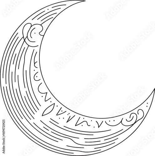 Detailed Crescent Moon Illustration with Unique Line Work and Decorative Symbols Representing Celestial Mysticism and Esoteric Design