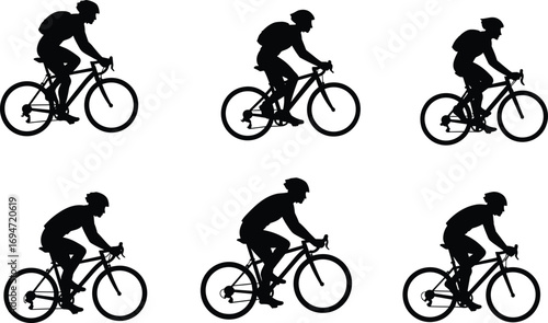 Cyclist Silhouettes with Helmets and Backpacks in Six Riding Poses for Urban Transport, Delivery, and Design Content