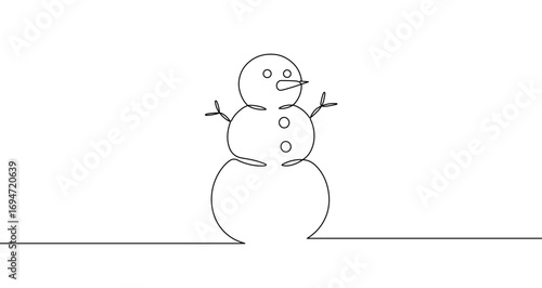 Snowman in one line art style. Snowman drawing with editable black stroke on white background. Vector illustration.