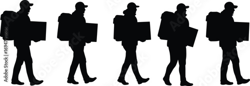 Delivery Worker Silhouettes in Five Walking Poses with Backpack and Box for Logistics, Animation, and Design Content