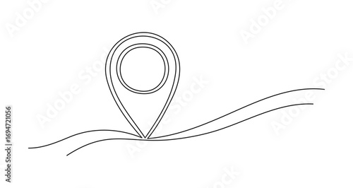 Location marker in one line art style. Drawing of a GPS navigation icon with an editable black stroke on a white background. Vector illustration.