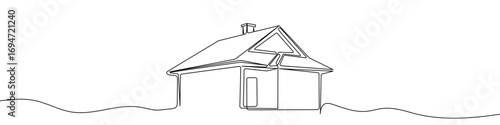 House in one line art style. Drawing of a house with a roof and windows with an editable black stroke on a white background. Vector illustration.
