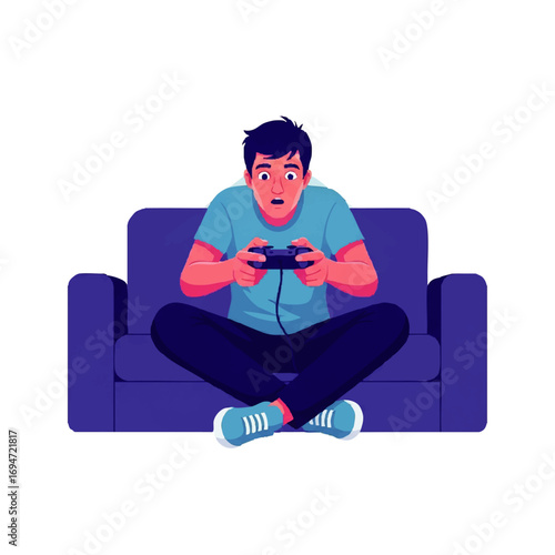 Engrossed gamer intensely focused on virtual world while playing video games on couch