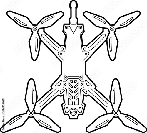 Drone FPS icon with drawn details, combat drone FPS icon in the form of a black line.