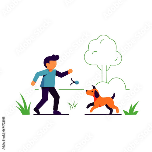 Joyful person playing fetch with energetic dog in sunny park, creating happy pet moments