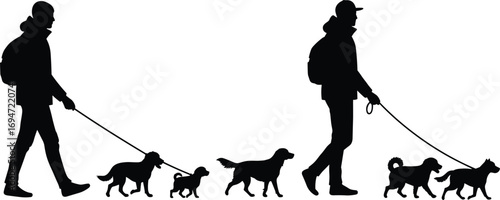 Dog Walker Silhouettes in Two Urban Poses Featuring Multiple Dogs, Backpacks, and Motion for Pet, Lifestyle, and Design Content