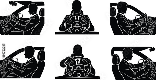 Driver Silhouettes in Six Car Interior Poses Featuring Side, Frontal, and Convertible Views for Automotive and Design Content