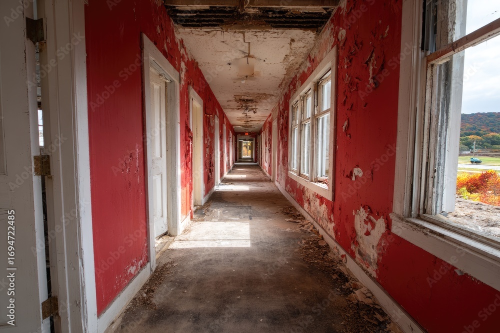 Fototapeta premium Abandoned hallway of a dilapidated building. Sunlight streams through broken windows