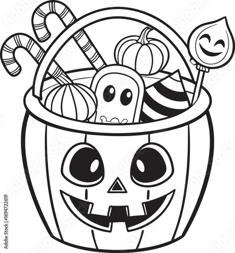 Vector art of halloween jackolantern candy bucket filled with treats and spooky elements