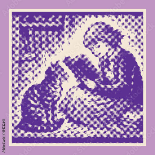 Librarian reads to an attentive tabby cat, a whimsical halftone illustration for book lovers.